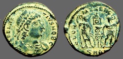 Ancient Coins - Delmatius AE3 GLORIA EXERCITVS  2 soldiers, 1 Standard.  