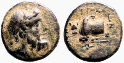 Ancient Coins - Caria, Antiocheia ad Maeander AE12.5 Zeus / Bull recumbent on maeander