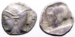 Ancient Coins - Mysia, Lampsakos AR9 Obol. Janiform female / Helmeted Athena