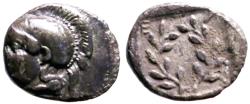 Ancient Coins - Aeolis, Elaia. AR7 Obol.  Athena / Wreath within incuse square