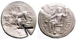 Ancient Coins - Cilicia, Tarsos. Mazaios AE25 Stater. Baaltars on throne / Lion attacking bull