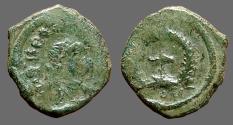 Ancient Coins - Theodosius II AE4 Nummus  Cross in wreath.  Constantinople.