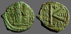 Ancient Coins - Justin II & Sophia AE18 1/2 Follis. Thessalonica   Year 8.  Nice example. 