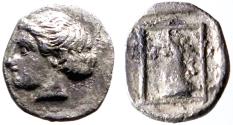 Ancient Coins - Ionia, Phokaia AR7 Hemiobol Nymph Phokaia / Griffin in frame