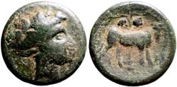 Ancient Coins - Euboea, Histiaea AE20 Maenad / Bull and grape vine