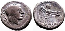 Ancient Coins - Roman Republic. M. PORCIUS CATO  Quinarius. Victory