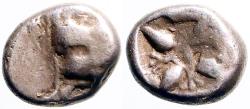 Ancient Coins - Ionia, Miletos AR9 diobol. Lion / incuse Stellate pattern