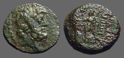 Ancient Coins - Demetrios II AE18 Hd. of Zeus / Nike adv. w. wreath & palm. 