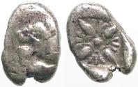 Ancient Coins - Ionia, Miletos AR9 diobol. Lion / incuse Stellate pattern