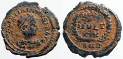 Ancient Coins - Valentinian II AE4 Vows in wreath.  VOT/X/MVLT/XX.  Antioch