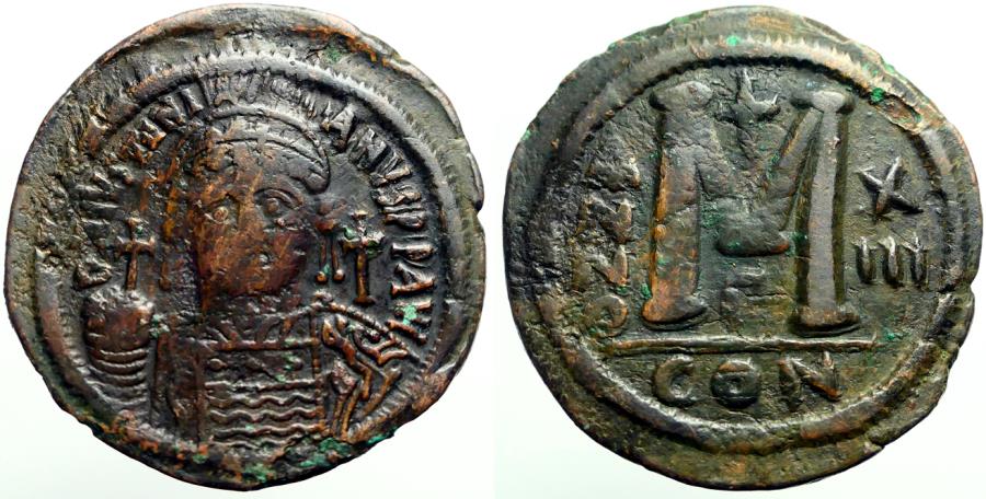 Ancient Coins - Justinian I AE38 Follis.  Facing bust.  Constantinople.  year 13