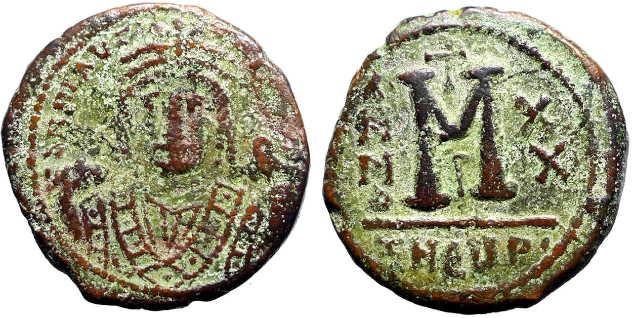 Maurice Tiberius AE27 Follis. Antioch, year 20 | Byzantine Coins