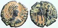 Ancient Coins - Arcadius AE3  Victory holds wreath over Arcadius.  Constantinople