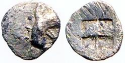 Ancient Coins - Teos, Ionia. AR5.5 Tetartemorion. Griffin / Incuse square