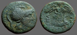 Ancient Coins - Sicily, Syracuse AE21 Under Roman Rule.  Helmeted Ares / Nike sacraficing stag 