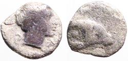 Ancient Coins - Caria, Kasolaba hemiobol AR7 Head of Ram / Male hd rt.