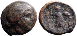 Ancient Coins - Thessaly, Thessalian League AE20 Apollo / Athena Itonia w. javelin & shield