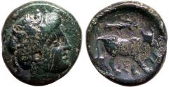 Ancient Coins - Histiaia, Euboia AE13 nymph Histiaia / Bull walking, flying Nike above