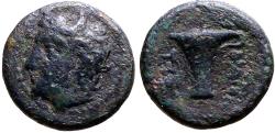 Ancient Coins - Aeolis, Tisna AE11 head of River God Tisnaios / Cup
