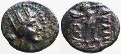 Ancient Coins - Phrygia, Apameia AE16 Turreted Tyche / Marsyas playing aulos