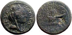 Ancient Coins - Cilicia, Hierapolis-Kastabala AE22 Turreted Tyche / River god Pyramos swimming