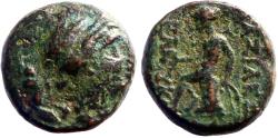 Ancient Coins - Seleukos III Soter  AE14 Apollo / Apollo testing arrow, seated on omphalos