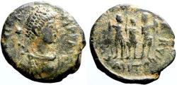 Ancient Coins - Arcadius AE14 Arcadius, Theodosius and Honorius standing facing, each w. spear