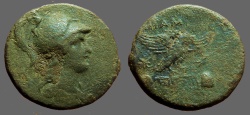 Ancient Coins - Phrygia, Apameia. Æ24  Athena in Corinthian Helmet / Eagle w. caps of Dioskuri