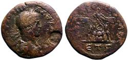 Ancient Coins - Severus Alexander  AE26 countermark. Mt Araeus w. eagle & vexillum
