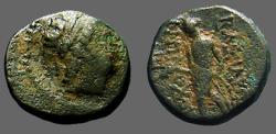 Ancient Coins - Antiochos III AE15 Hd of Antiochios as Apollo / Apollo stg, holds arrow, leans on bow