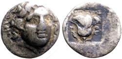 Ancient Coins - Caria, Rhodes AR12 Hemidrachm Helios / Rose in incuse square