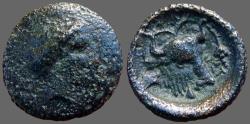 Ancient Coins - Larissa, Phrikonis AE15 Hd of Nymph w. grapes/ Bust of Bull.  grapes