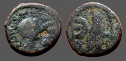 Ancient Coins - Justin I AE13 Pentanummium.  Tyche of Antioch in temple, River God below. 