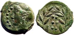 Ancient Coins - Himera, Sicily AE17 Hemilitron. Nymph Himera / 6 pellets in wreath