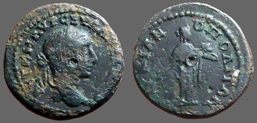 Ancient Coins - Severus Alexander AE19 Marcianopolis, M.I. Hygeia feeds serpent