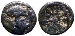 Ancient Coins - Thrace, Mesembria AE9 facing Corinth helmet / Wheel