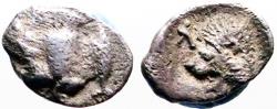 Ancient Coins - Mysia. Kyzikos AR9x6 Hemiobol.  Boar / Lion