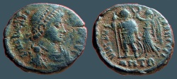 Ancient Coins - Arcadius AE3 (17mm) Victory holds wreath over Arcadius 
