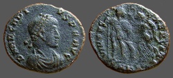 Ancient Coins - Arcadius AE3 (18mm) Victory holds wreath over Arcadius.  Antioch, Turkey 
