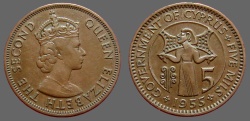 Ancient Coins - Cyprus, Queen Elizabeth II.  AE25 (5) Mils  1955.   