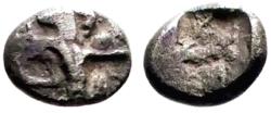 Ancient Coins - Cilicia, Uncertain. AR5 Tetartemorion.  King w. dagger and bow / Incuse punch