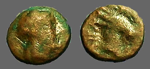 Ancient Coins - Aeolis, Aigai, AE9 Laureate head of Apollo right / Head of goat right.