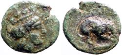 Ancient Coins - Mysia Plakia AE12 Turreted Tyche / Lion eating prey