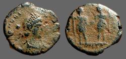 Ancient Coins - Honorius AE3  Joint reign issue.  Honorius and Arcadius hold globe between them
