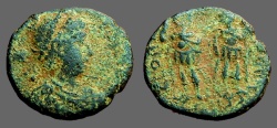Ancient Coins - Honorius AE3 Honorius & Arcadius hold globe between them  Antioch, Turkey.