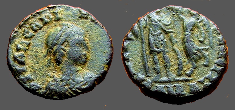 Ancient Coins - Arcadius AE3  Victory holds wreath over Arcadius.  Alexandria, Egypt