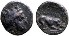 Ancient Coins - Mysia, Plakia AE12 Tyche w. mural crown / Lion devouring prey