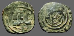World Coins - Portugal, Alfonso V AE18 Ceitil. Castle, waves below / Coat of Arms.  1438-1481 AD.