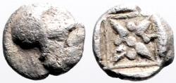 Ancient Coins - Uncertain AR6 tetartemorion.  Athena / Star in incuse square