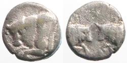 Ancient Coins - Caria, Uncertain mint. AR7 hemiobol. Bull / Bull's confronted